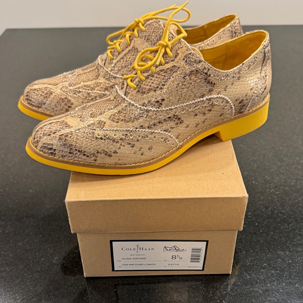 Cole Haan Alisa Snake Beige Print Oxfords with Yellow Soles
